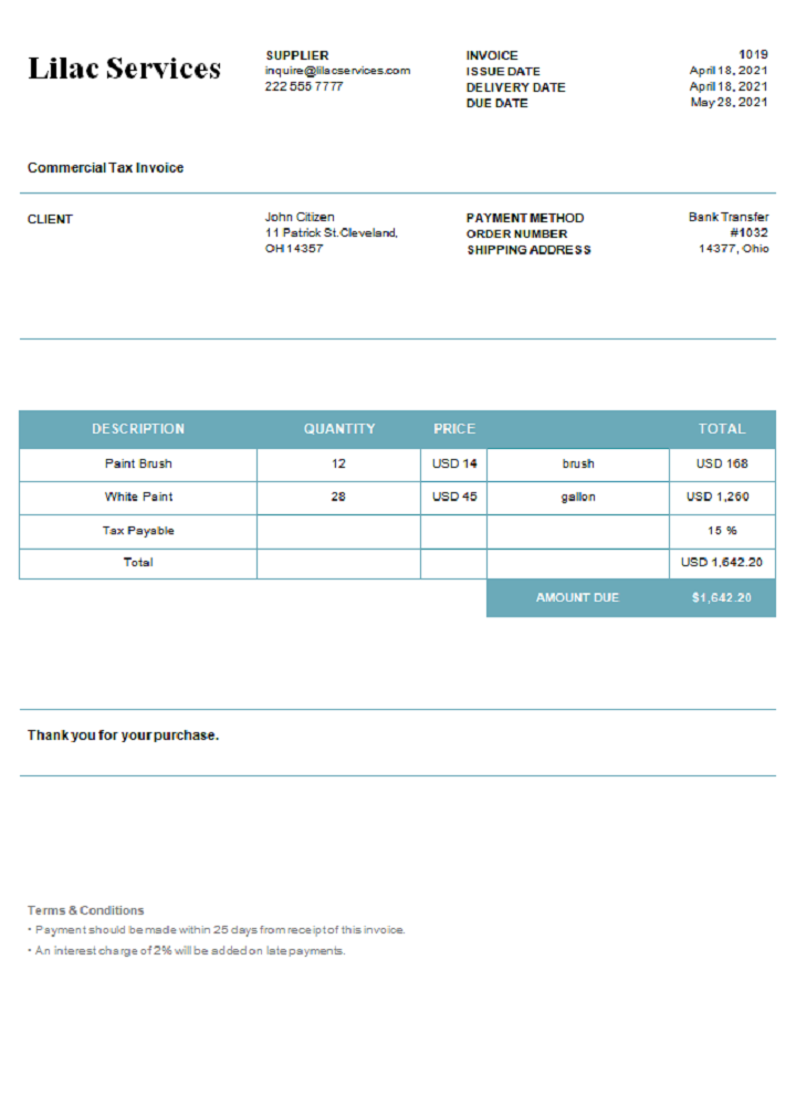 USA Lilac Services invoice PSD template
